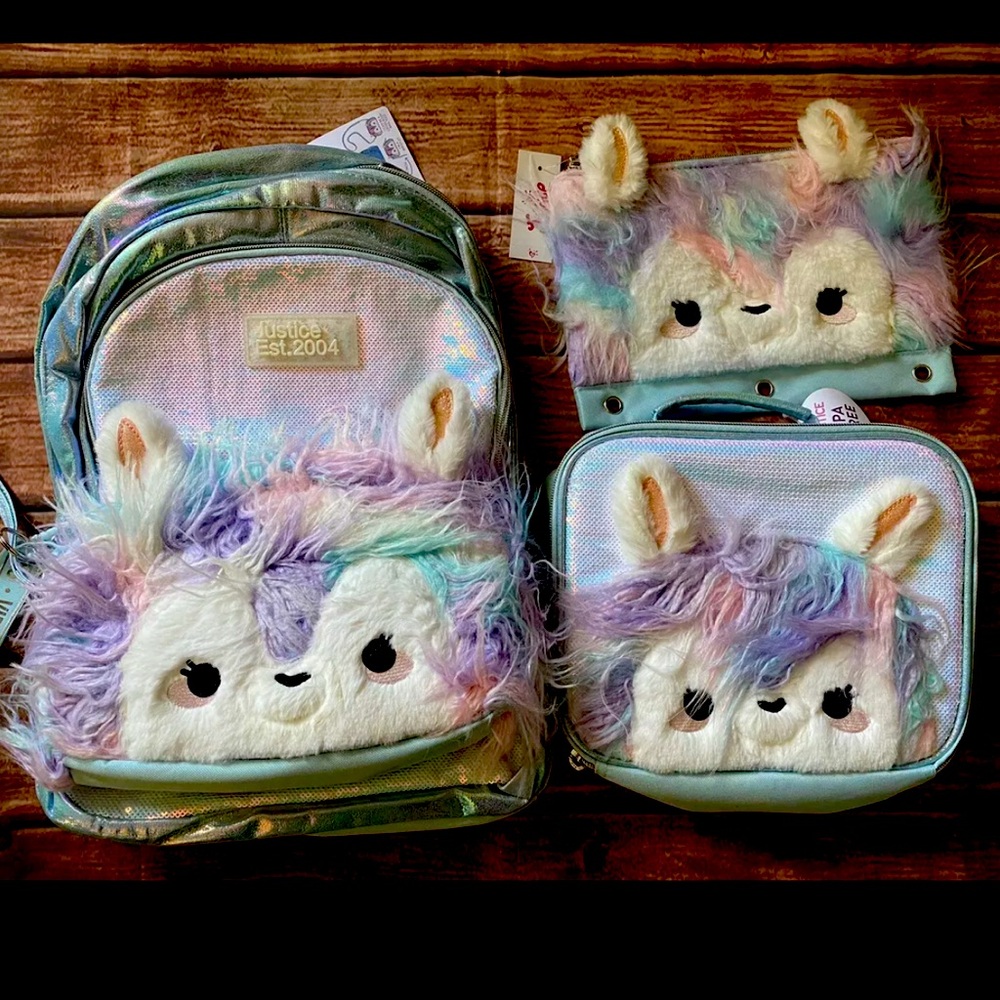 NWT Justice Sparkle Llama Backpack Bundle LunchBox Lunch Box Pencil Case Set